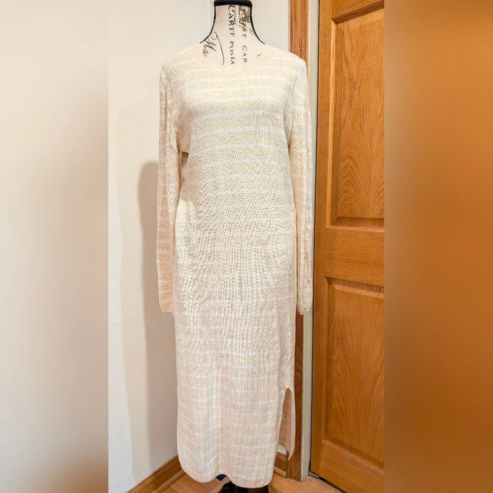 GAP Ribbed Striped Crewneck Longsleeve Midi Sweater Dress Size L Cotton Coastal